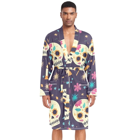 Dailycode Men Robe Lightweight Soft Bathrobes Kimono Nightgown Cute Skull Candles Bone