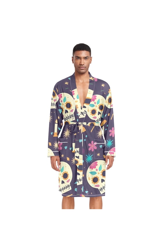 Men Robe Lightweight Soft Bathrobes Kimono Nightgown Cute Skull Candles Bone