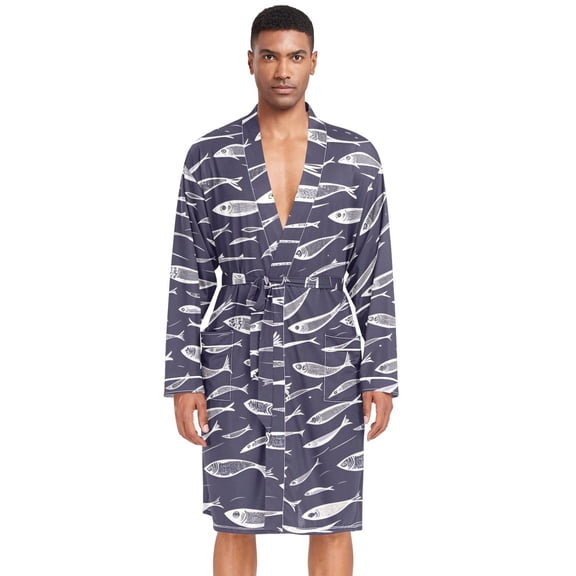 Dailycode Men Robe Lightweight Soft Bathrobes Kimono Nightgown Flock Of Swimming Fish
