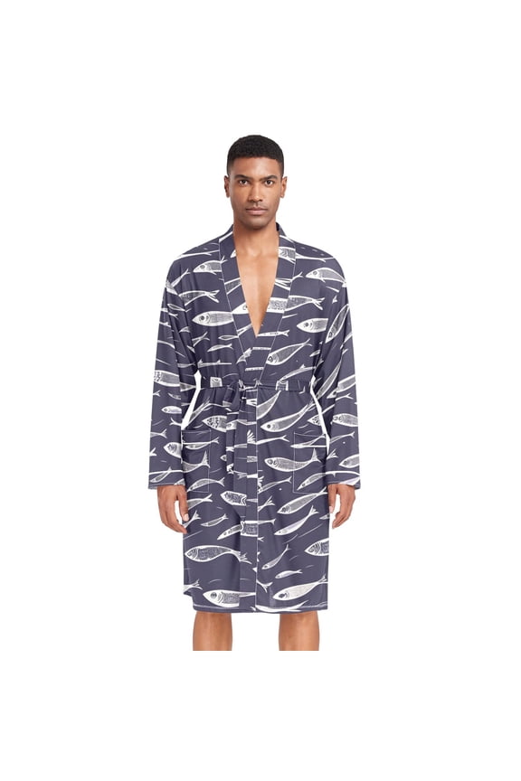 Men Robe Lightweight Soft Bathrobes Kimono Nightgown Flock Of Swimming Fish