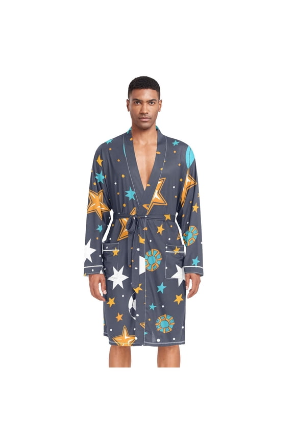 Men Robe Lightweight Soft Bathrobes Kimono Nightgown Footballs Star Rugby