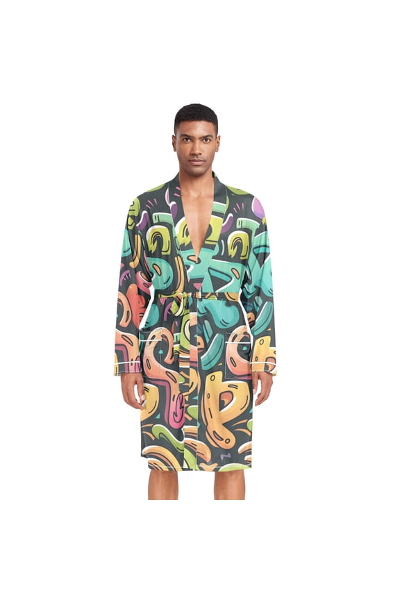Men Robe Lightweight Soft Bathrobes Kimono Nightgown Funny Characters