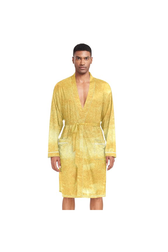 Men Robe Lightweight Soft Bathrobes Kimono Nightgown Golden Yellow Watercolor