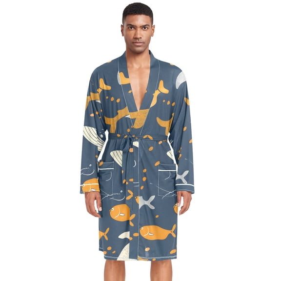 Dailycode Men Robe Lightweight Soft Bathrobes Kimono Nightgown Hand Drawn Whale and Fish