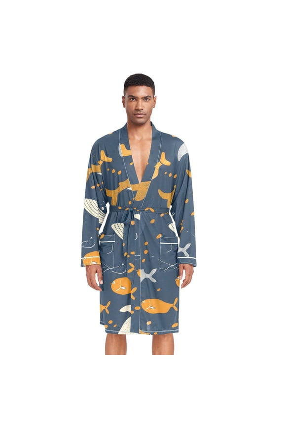 Men Robe Lightweight Soft Bathrobes Kimono Nightgown Hand Drawn Whale and Fish