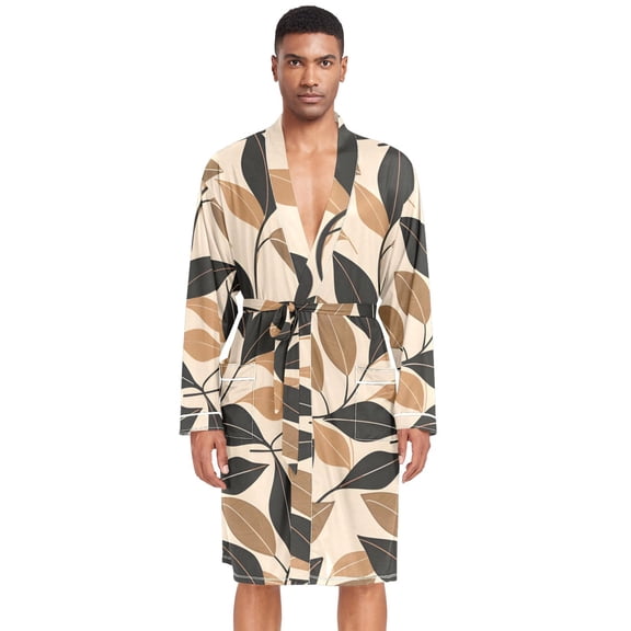 Dailycode Men Robe Lightweight Soft Bathrobes Kimono Nightgown Leaves