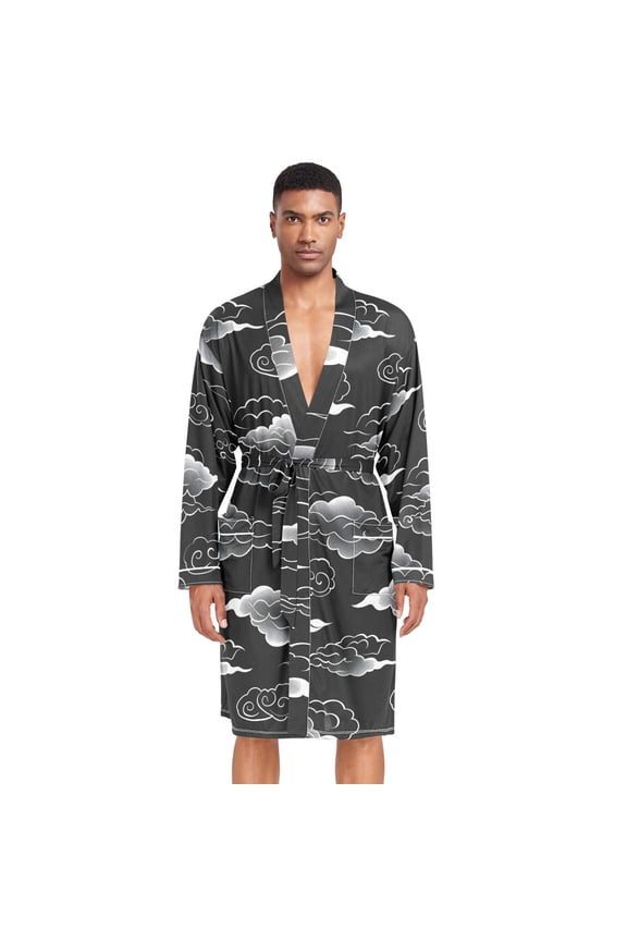 Men Robe Lightweight Soft Bathrobes Kimono Nightgown Line Cloud