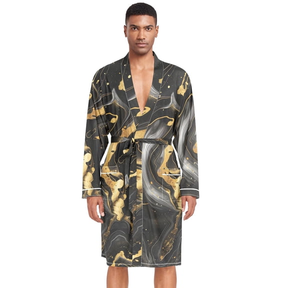Dailycode Men Robe Lightweight Soft Bathrobes Kimono Nightgown Luxury Black Gold Marble