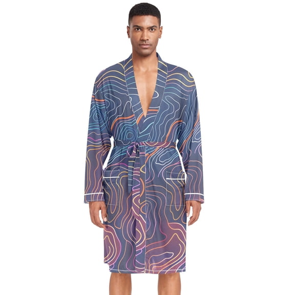 Dailycode Men Robe Lightweight Soft Bathrobes Kimono Nightgown Neon Topography Lines