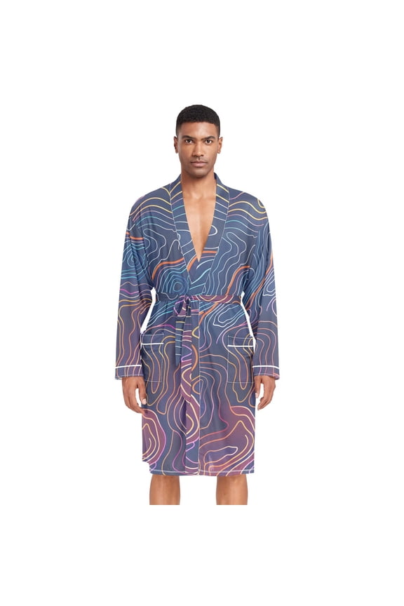 Men Robe Lightweight Soft Bathrobes Kimono Nightgown Neon Topography Lines