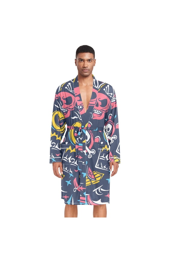 Men Robe Lightweight Soft Bathrobes Kimono Nightgown Pirate Skull Boat Knife