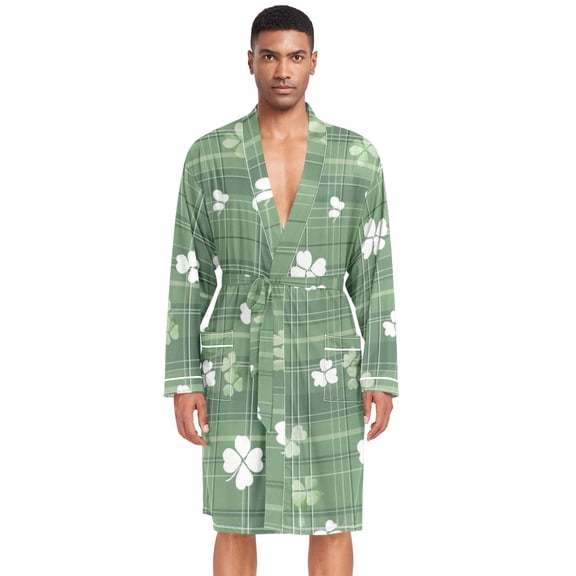 Dailycode Men Robe Lightweight Soft Bathrobes Kimono Nightgown Plaid with Shamrocks