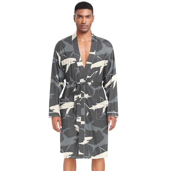 Dailycode Men Robe Lightweight Soft Bathrobes Kimono Nightgown Shark Outline