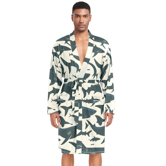 Dailycode Men Robe Lightweight Soft Bathrobes Kimono Nightgown Shark Silhouette