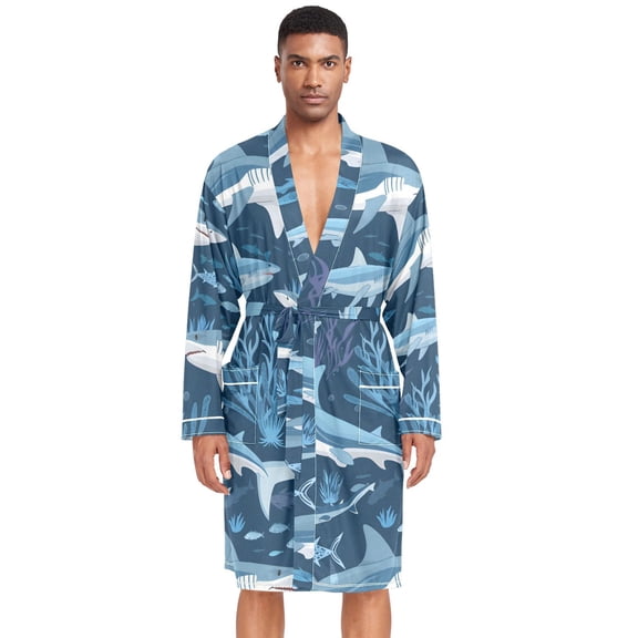 Dailycode Men Robe Lightweight Soft Bathrobes Kimono Nightgown Sharks Coral Seaweed