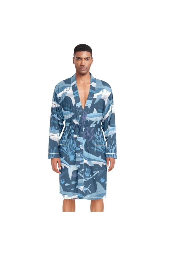 Men Robe Lightweight Soft Bathrobes Kimono Nightgown Sharks Coral Seaweed