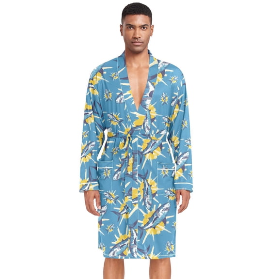 Dailycode Men Robe Lightweight Soft Bathrobes Kimono Nightgown Sharks and Tie Dye