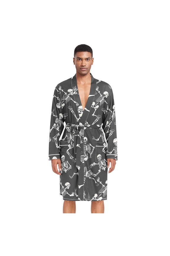 Men Robe Lightweight Soft Bathrobes Kimono Nightgown Skeletons Skull