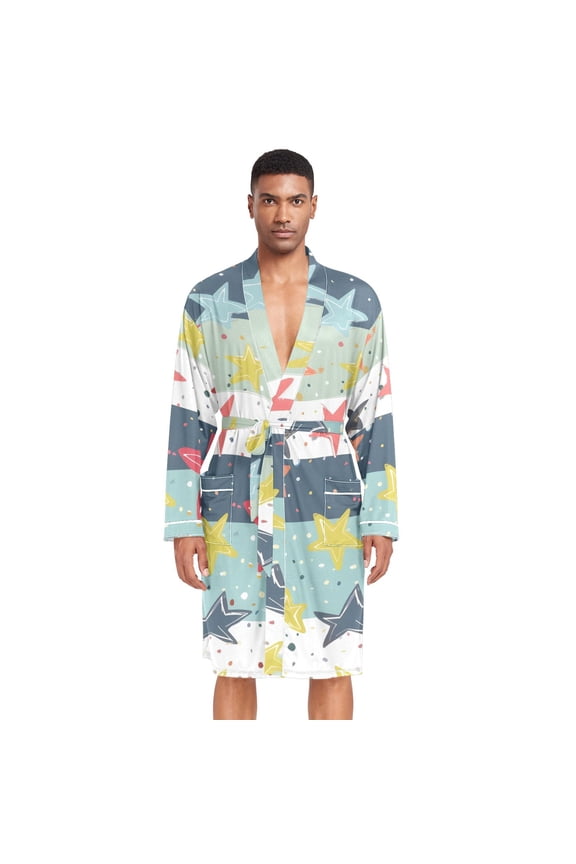 Men Robe Lightweight Soft Bathrobes Kimono Nightgown Starfish Star