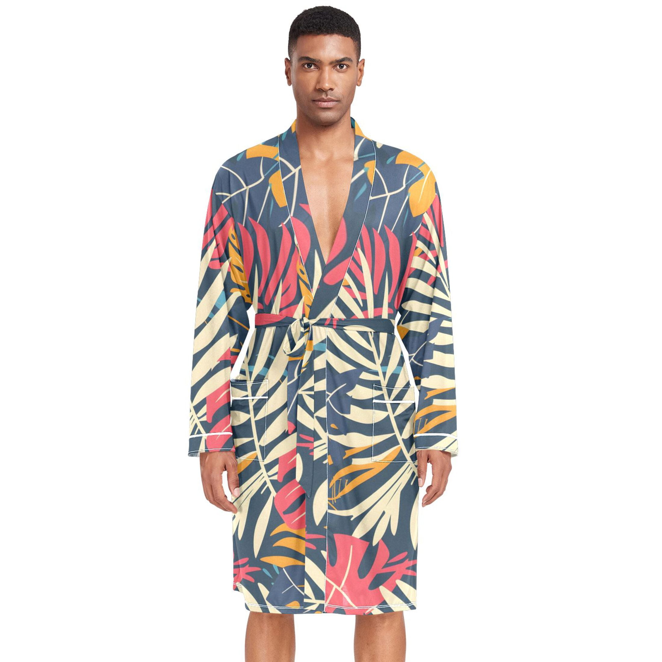Dailycode Men Robe Lightweight Soft Bathrobes Kimono Nightgown Tropical ...