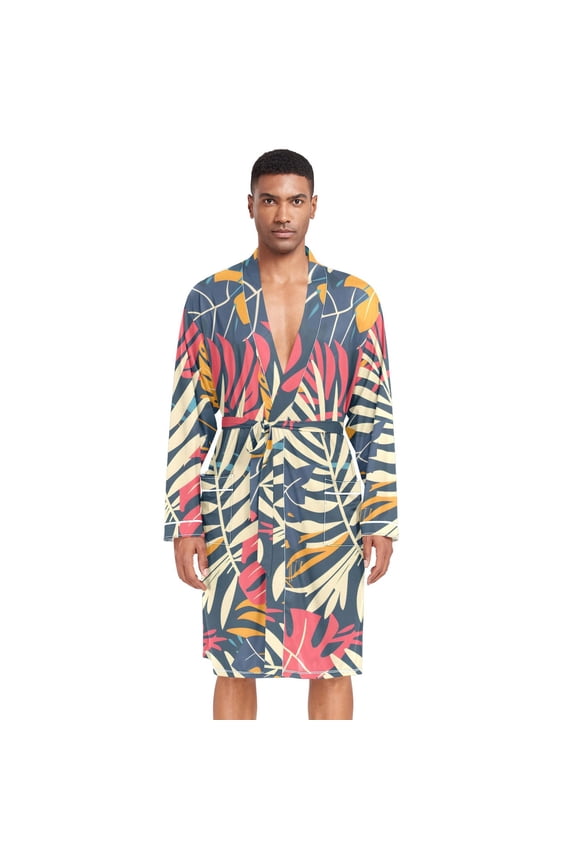 Men Robe Lightweight Soft Bathrobes Kimono Nightgown Tropical Exotic Leaves