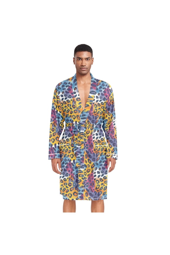 Men Robe Lightweight Soft Bathrobes Kimono Nightgown Watercolor Leopard Skin