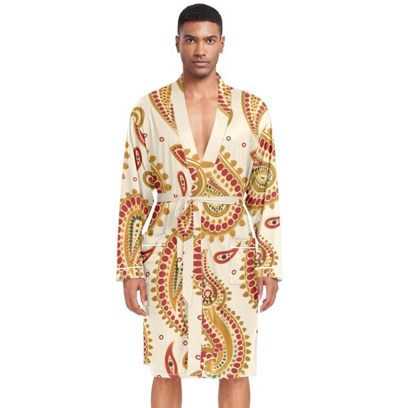 Dailycode Men Robe Lightweight Soft Bathrobes Kimono Nightgown Yellow and Red Paisley