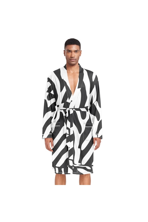 Men Robe Lightweight Soft Bathrobes Kimono Nightgown Zebra Stripe
