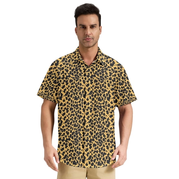 Dailycode Men's Casual Button Down Shirts Short Sleeve Summer Hawaiian Beach Shirt, Black Leopard Print