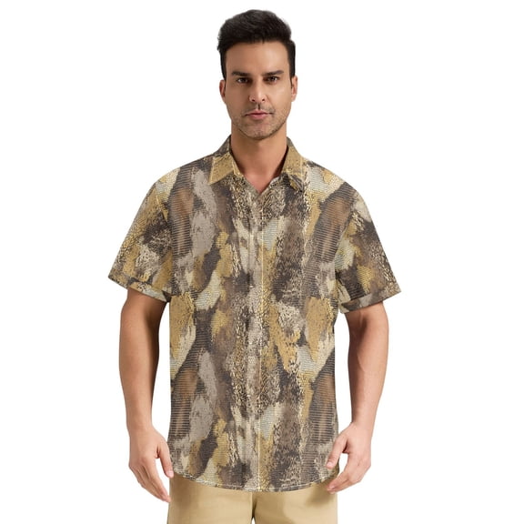 Dailycode Men's Casual Button Down Shirts Short Sleeve Summer Hawaiian Beach Shirt, Brown Snake Skin