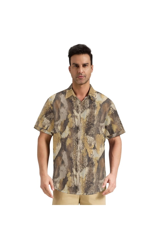 Men's Casual Button Down Shirts Short Sleeve Summer Hawaiian Beach Shirt, Brown Snake Skin