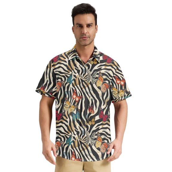 Dailycode Men's Casual Button Down Shirts Short Sleeve Summer Hawaiian Beach Shirt, Butterflies on Zebra