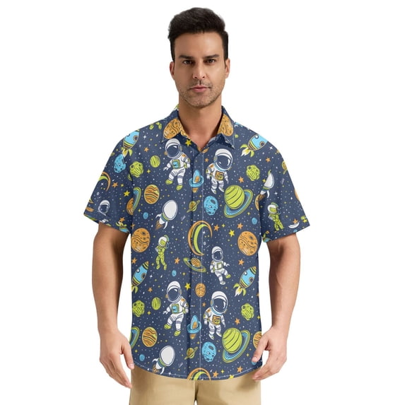 Dailycode Men's Casual Button Down Shirts Short Sleeve Summer Hawaiian Beach Shirt, Cartoon Astronauts Planet Space
