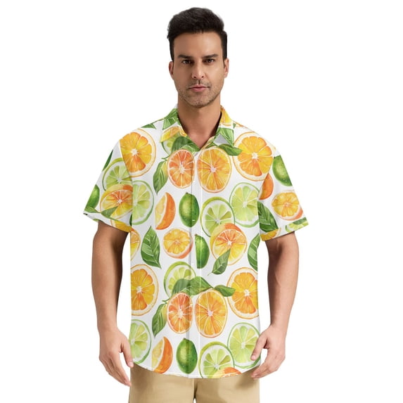Dailycode Men's Casual Button Down Shirts Short Sleeve Summer Hawaiian Beach Shirt, Citrus Fruits and Leaves