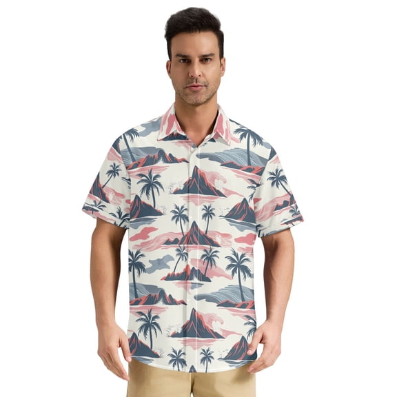 Dailycode Men's Casual Button Down Shirts Short Sleeve Summer Hawaiian Beach Shirt, Coconut Tree with Mountain