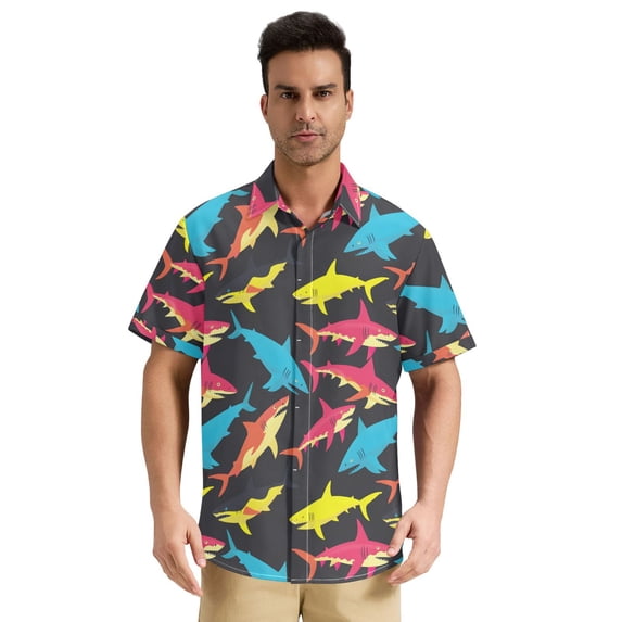 Dailycode Men's Casual Button Down Shirts Short Sleeve Summer Hawaiian Beach Shirt, Colorful Sharks