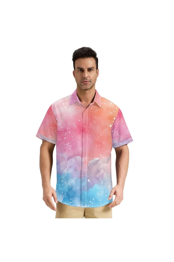 Men's Casual Button Down Shirts Short Sleeve Summer Hawaiian Beach Shirt, Fantasy Space Galaxy