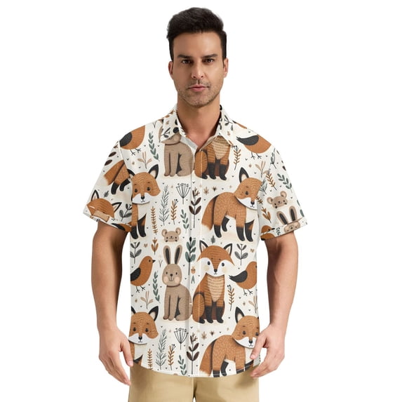 Dailycode Men's Casual Button Down Shirts Short Sleeve Summer Hawaiian Beach Shirt, Fox Rabbit Bird Plant