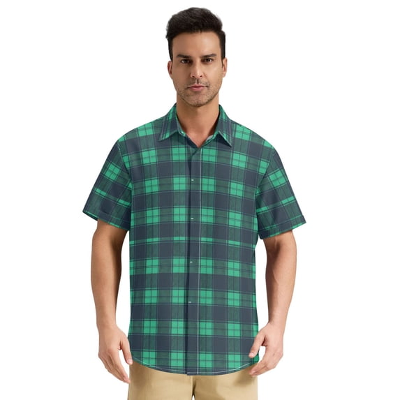 Dailycode Men's Casual Button Down Shirts Short Sleeve Summer Hawaiian Beach Shirt, Green Navy Tartan Plaid