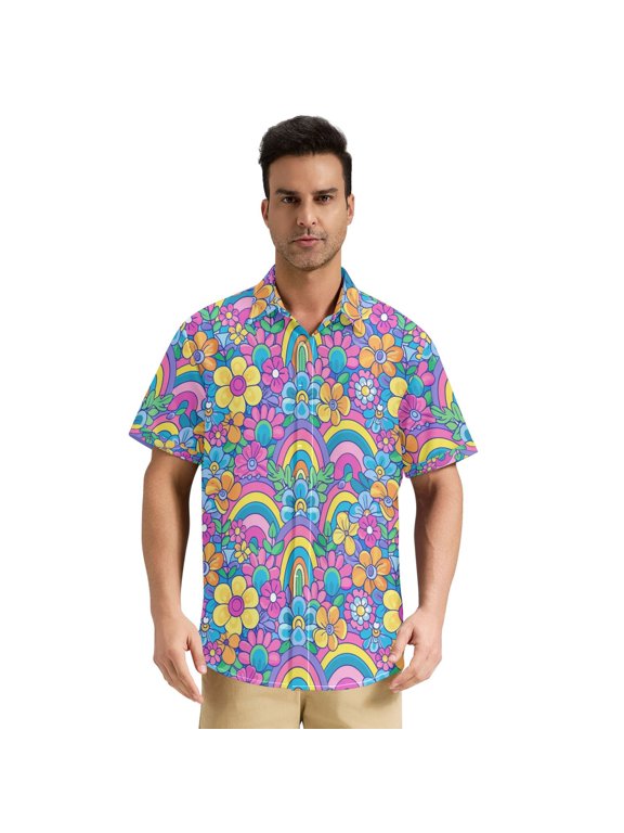 Men's Casual Button Down Shirts Short Sleeve Summer Hawaiian Beach Shirt, Groovy Rainbow and Flowers