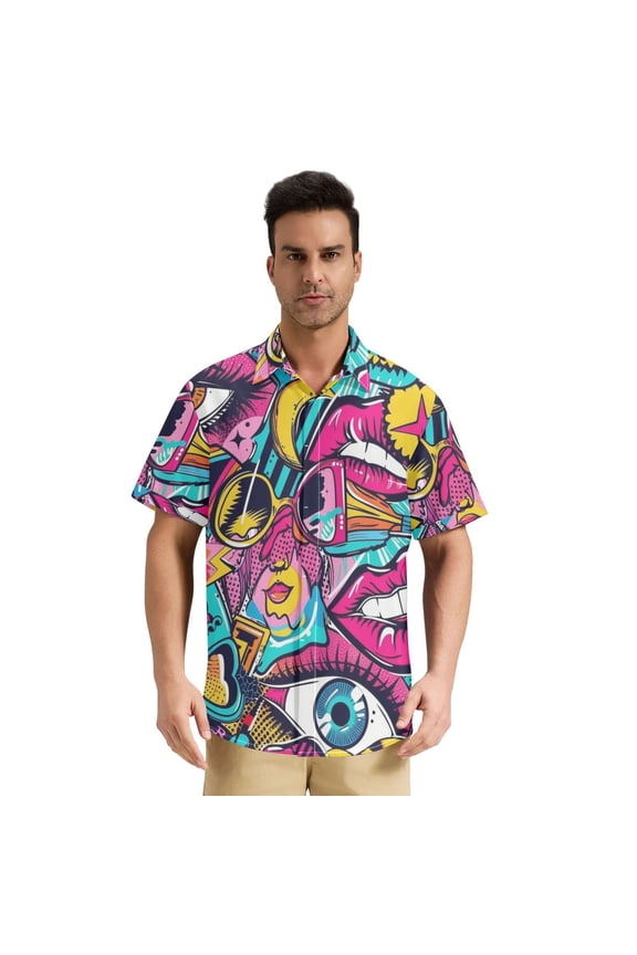 Men's Casual Button Down Shirts Short Sleeve Summer Hawaiian Beach Shirt, Hip Hop Graffiti