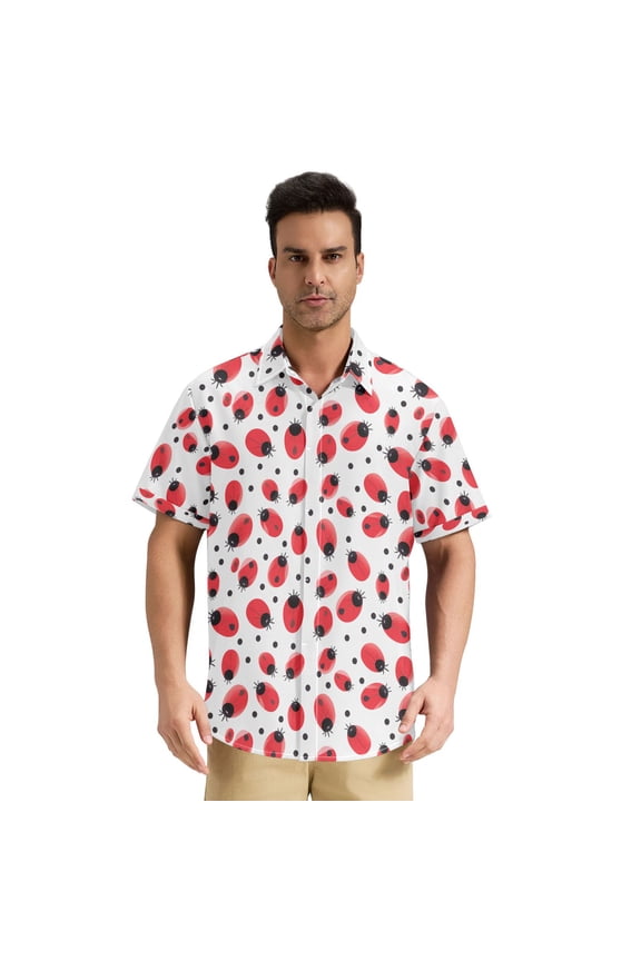 Men's Casual Button Down Shirts Short Sleeve Summer Hawaiian Beach Shirt, Ladybugs