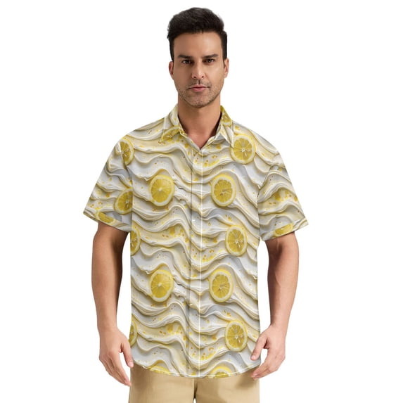 Dailycode Men's Casual Button Down Shirts Short Sleeve Summer Hawaiian Beach Shirt, Lemon Slice and Cream