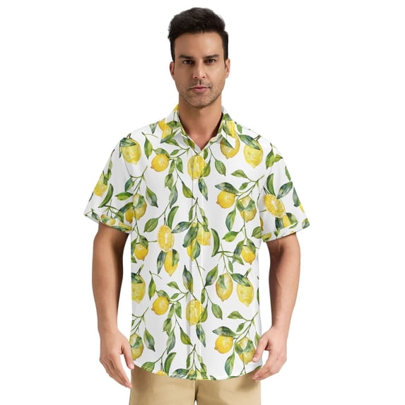 Dailycode Men's Casual Button Down Shirts Short Sleeve Summer Hawaiian Beach Shirt, Lemons and Leaves