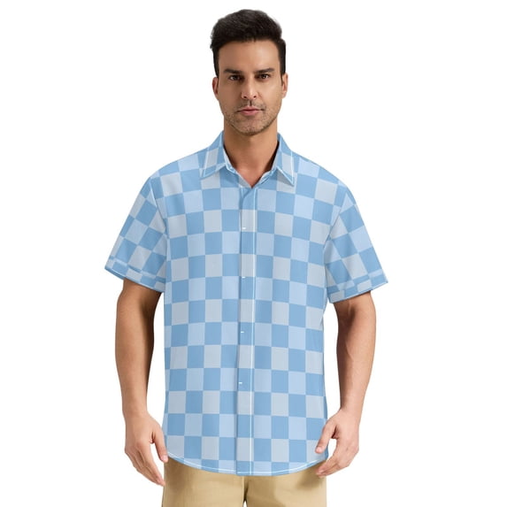 Dailycode Men's Casual Button Down Shirts Short Sleeve Summer Hawaiian Beach Shirt, Light Blue Gingham