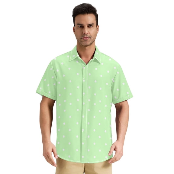 Dailycode Men's Casual Button Down Shirts Short Sleeve Summer Hawaiian Beach Shirt, Light Green White Polka Dot