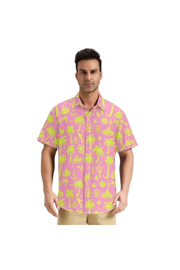Men's Casual Button Down Shirts Short Sleeve Summer Hawaiian Beach Shirt, Lime Tree Ship Anchor