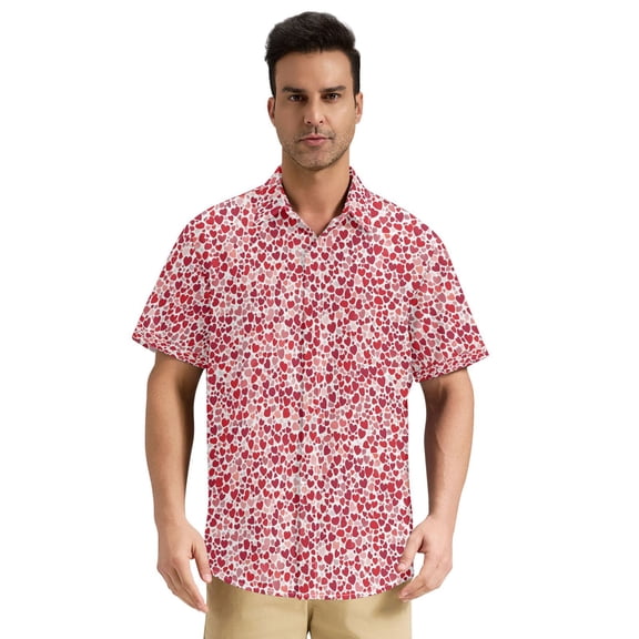 Dailycode Men's Casual Button Down Shirts Short Sleeve Summer Hawaiian Beach Shirt, Many Red Heart