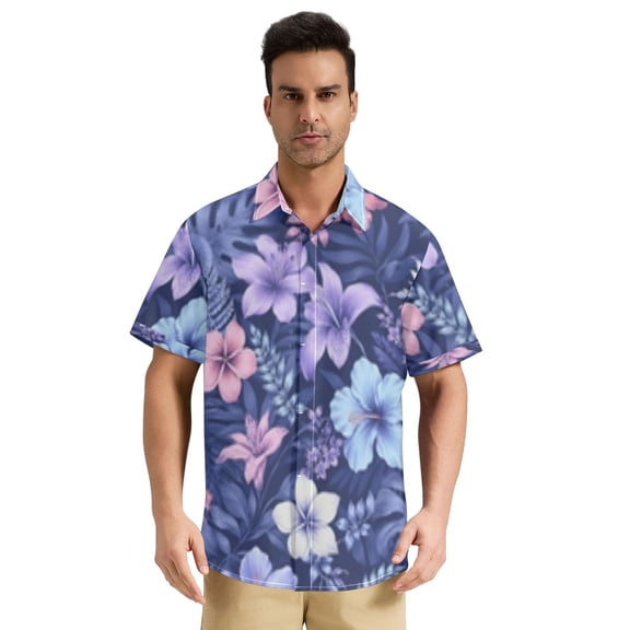 Dailycode Men's Casual Button Down Shirts Short Sleeve Summer Hawaiian Beach Shirt, Midnight Tropical Hibiscus