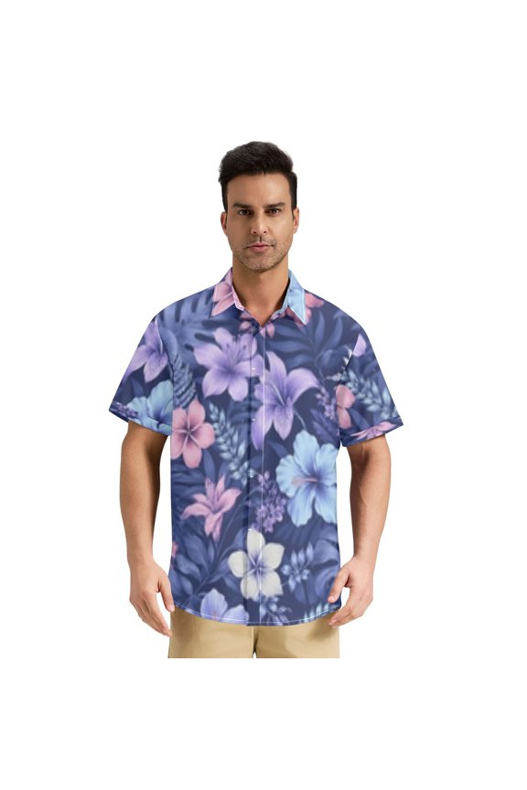 Men's Casual Button Down Shirts Short Sleeve Summer Hawaiian Beach Shirt, Midnight Tropical Hibiscus
